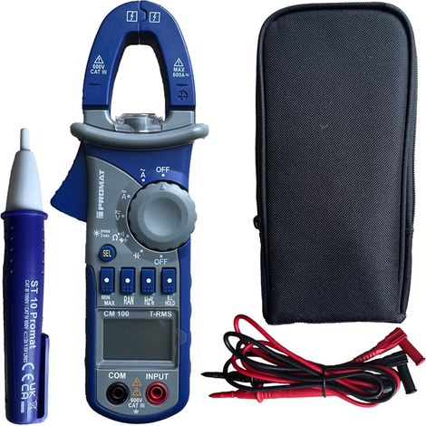 PROMAT Stromzange CM100 + Spannungsprüfer TRUE RMS LCD 110–1000V AC Testset