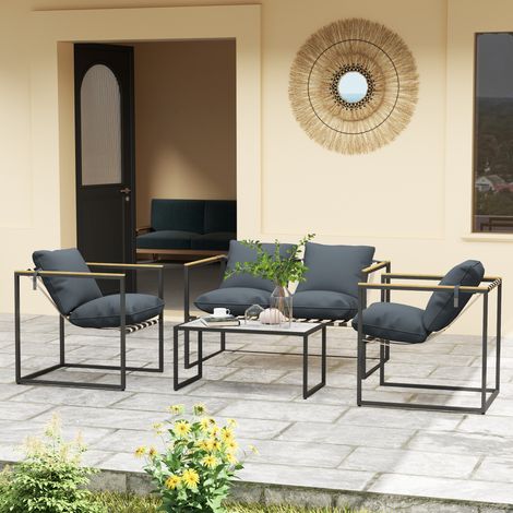 Conjunto de muebles de jardín de 4 piezas, conjunto de muebles de exterior, 2 sillones, sofá de 2 plazas, 1 mesa, tapizado, acero, poliéster, gris