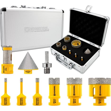 Foret Diamant Kit 9pcs 6/6/8/25/35/50mm Mèches Diamantées 20mm Scie Cloche Meulable 50mm Mèches de Chanfrein Adaptateur Scie Cloche pour Carrelage Céramique Porcelaine Marbre Granit (1/5)
