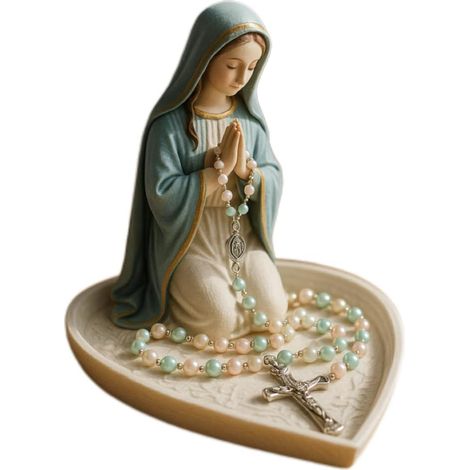 Porte-chapelet de la Vierge Marie, élégant coffret à bijoux en résine, sculpture catholique sacrée, plateau forme cœur pour chapelet, collier, bague, cadeau décoration religieuse, femmes (1/4)