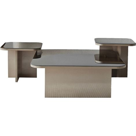 Lot de 3 tables basses gigognes carrées beige et verre fumé - Elda