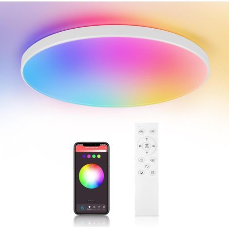 Plafonnier RVB 24W Dimmable LED Plafonnier,Lumières de salle de bain Bluetooth Plafonnier avec télécommande,IP44 Plafonniers intelligents imperméables pour la chambre à coucher,Salon (1/5)