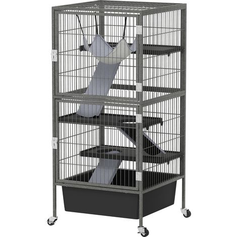 Cage 4 niveaux pour petits animaux avec rampes, plateforme, hamac et roues 52x52x115 cm Gris
