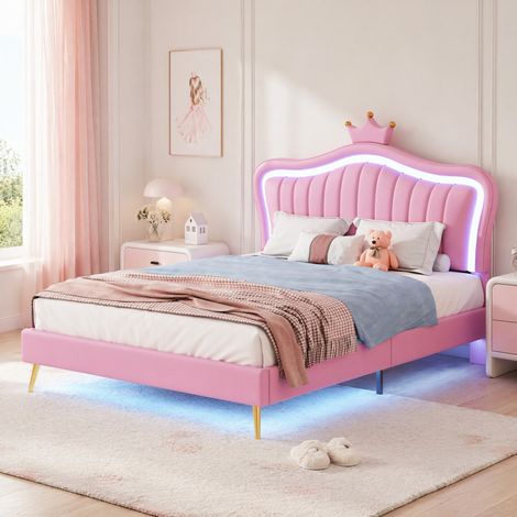 Lit enfant princesse 140x200 cm couronne rose – Lit rembourré avec sommier à lattes – Bandes lumineuses LED réglables – Cuir PU (1/5)