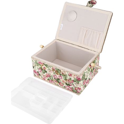 Stoffnähkorb mit Blumenmuster Aufbewahrungsbox für Stoffe und Zubehör 30,5 x 23 x 15,5 cm Holz/Kunststoff/Leinwand