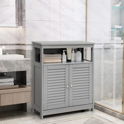 COSTWAY Badezimmer Schrank weiss, freistehender Badschrank Aufbewahrungsschrank mit 2 Rollladentüren, Küchenschrank Badkommode Holz für Bad Küche Wohnzimmer Grau (1/5)
