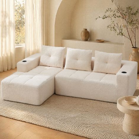 Canapé d’angle L 255 cm avec 3 coussins, beige, polyester, REDOM (1/5)