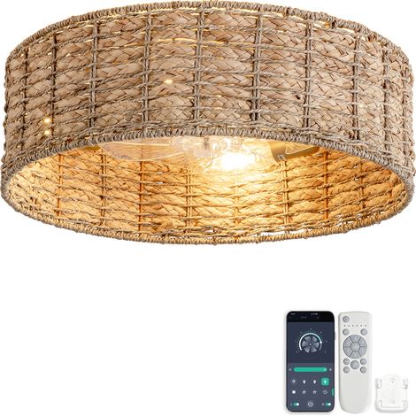 Ventilateur‑plafonnier panier rond rotin tressé main embase dorée, Bluetooth App + télécommande, pales masquées sécurité, moteur brushless 25dB, réversible, montage 30min (1/5)