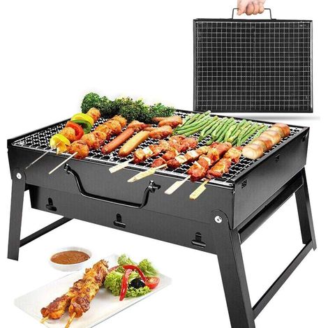 Barbecue à charbon portable (35 x 27 cm) Barbecue de table pliable en acier inoxydable avec grille plaquée pour camping, randonnée, pique-nique et cuisine en plein air (1/5)