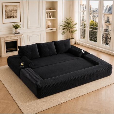 Canapé convertible 3 places en velours côtelé noir OKMYHOME (1/5)