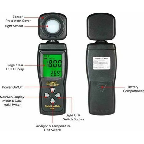 Luxmètre,1 pcs Capteur intelligent AS813 Luxmètre numérique Lux 1-200000 Lux Lumenmeter Haute précision Lux / FC Femeo (1/4)