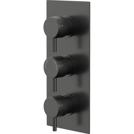Colore Round Gunmetal Grey Concealed Triple Thermostatic Shower Valve with Fully Knurled Control Handles - 2 Outlet