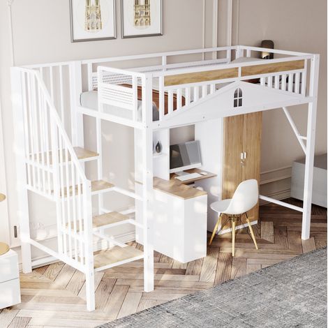 Letto a soppalco 255x95x170 cm bianco in metallo e legno con scala contenitore e barriera di sicurezza (1/5)