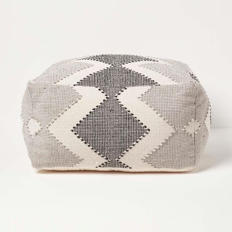 HOMESCAPES Malmo Handwoven Textured Natural & Black Pouffe Bean Cube (1/5)