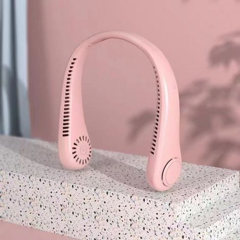 Ventilador de cuello portátil con 3 velocidades y flujo de aire de 360°, ideal para viajes, trabajo de oficina y actividades al aire libre. Color rosa. (1/5)