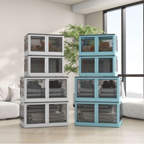 Coffre de rangement pliable 69 L, empilable avec roulettes, accès 5 côtés, blanc DESVIAE (1/5)