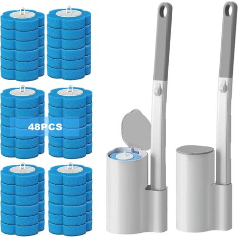 Brosse WC Jetable, Ensemble De Brosses De Toilette Mural avec 48 Têtes de Rechange + 2 Pcs Brosses WC et Supports Balai Toilettes, Disposable Toilet Brush pour Salle de Bain, WC (Bleu) (1/5)