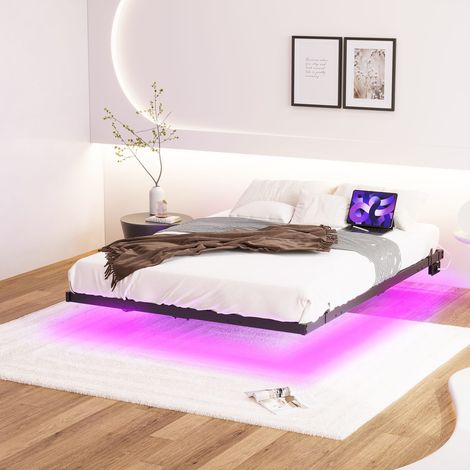 Lit 140x190 cadre flottant, LED, recharge USB, métal noir avec sommier, robuste, facile à monter. (1/5)