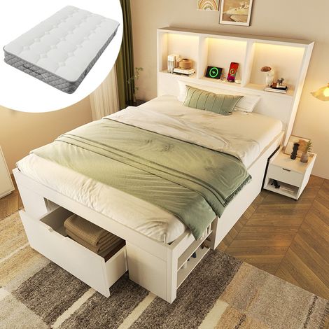 Lit simple fonctionnel 90x200cm blanc bois, rangements, table de chevet amovible, LED et port USB-C, pour junior (avec matelas) (1/5)