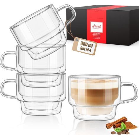 Lot de 4 Tasse à café double paroi 350 ml empilable verre borosilicate poignée pour latte cappuccino thé maison (1/5)