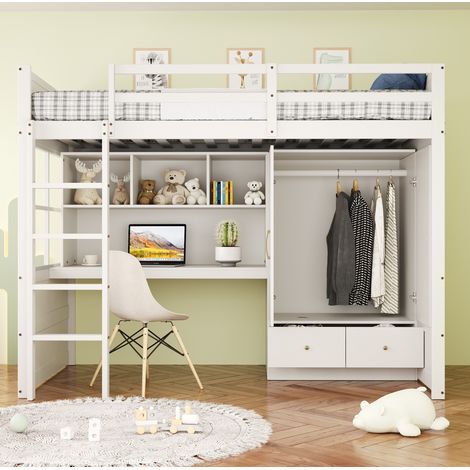 Hochbett 90x200 cm Weiß Holz mit Leiter, Schreibtisch, Kleiderschrank und Schubladen (1/5)