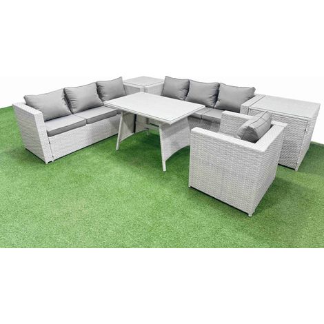 Fimous Outdoor Rattan Garden Furniture Dining Set 7-seater Patio Rectangular Table 3 Seater Sofa Armchair Set with 2 Side Tables (1/4)