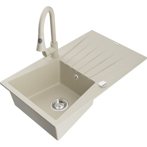 Mexen Cesar fregadero de granito de 1 cubeta con escurridor y grifo de cocina Elia, beige - 6514-69-670101-69