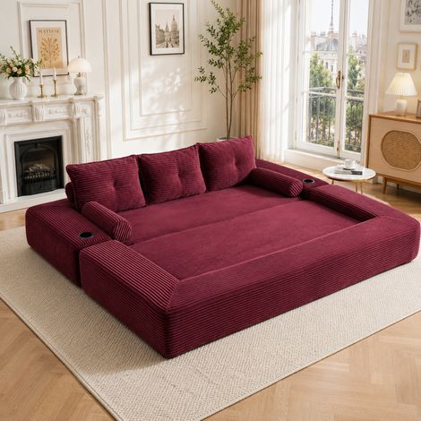 Canapé convertible 232x98x80 cm en velours côtelé rouge bordeaux, modulable avec porte-gobelet et poches (1/5)