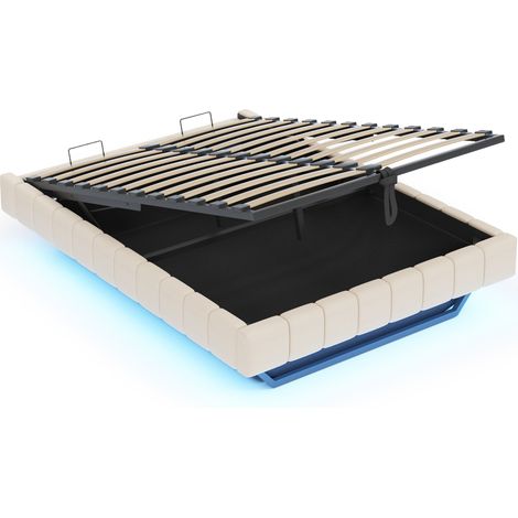 Cama tapizada 160 x 200 cm con almacenaje hidráulico y LED, sin cabecero, beige en lino (1/5)