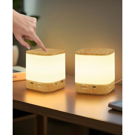 Lampe de chevet LED tactile à intensité variable (lot de 2) : Lampe de table à batterie 3 600 mAh, rechargeable par USB, sans fil, avec 3 températures de couleur et minuterie(grain de bois) (1/5)