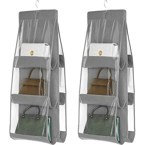 Hängender Handtaschen-Organizer, 2 faltbare Aufbewahrungstaschen mit 6 transparenten Fächern für Kleiderschrank und Ankleidezimmer (Grau) (1/5)