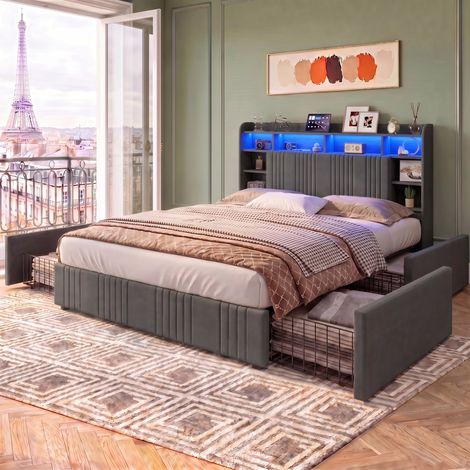 Cama de matrimonio 160x200 cm con 4 cajones, cabecero con almacenaje e iluminación LED y somier de lamas - Diseño moderno - Lino - Gris (1/5)