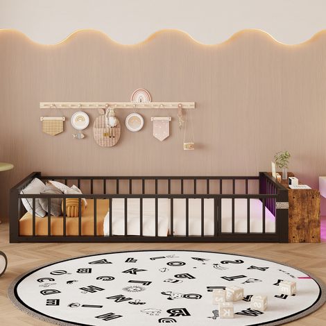 Lit en métal 90x200cm avec barrière sécurité et éclairage LED, casiers, noir
