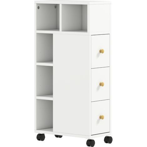 Armoire de salle de bain (type slim), avec 4 roulettes, 3 tiroirs coulissants, 5 étagères ouvertes, 20 × 40 × 80 cm, blanc (1/5)