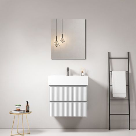 Mobile bagno sospeso cannettato 60 cm Bianco Lavabo in Resina Specchio Quadro - Fiji Paint