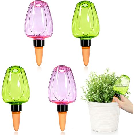 Lot de 4 Boule Arrosage Plante, Reserve Eau Plante, Pot Plante Reserve d Eau, pour Plantes, Arrosage des Chambres, Balcons et Plantes de Jardin, Arrosage Plante Vacances (Rose et Vert) (1/5)