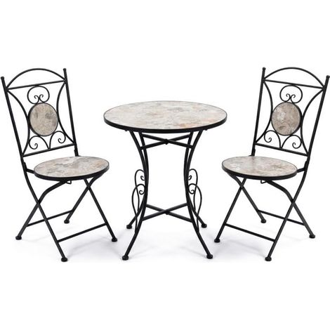 Ensemble de Table et 2 chaises de Jardin en métal et Pierre, Noir, Gris et Blanc, 72 x 60 x 60 cm (1/5)
