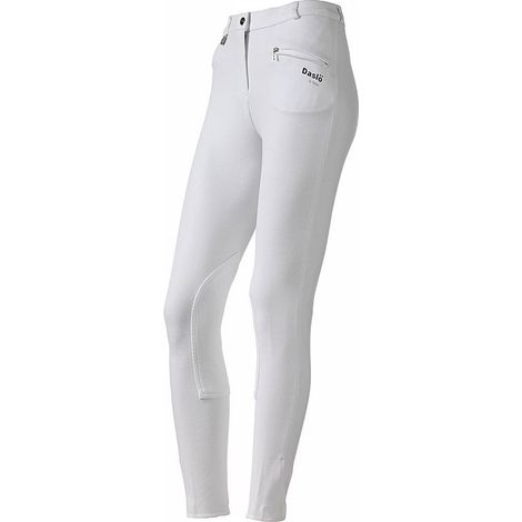 44, Blanc avec genouillères en tissu renforcé 01: Pantalon d'équitation Daslö pour femmes, poids standard, en jersey de coton extensible et empiècements en daim.