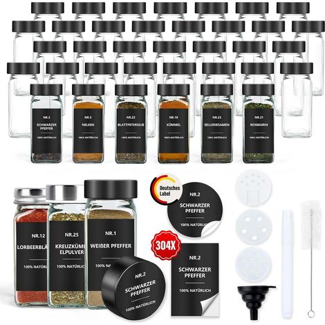Lot de 36 pots à épices carrés avec étiquettes - En verre - 120 ml - Avec insert à saupoudrer - Étiquettes étanches - Rangement des épices cuisine accessoires pour le tiroir - Noir (1/5)