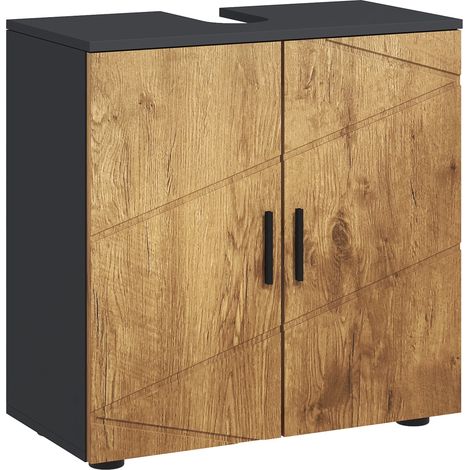Meuble Sous-Lavabo Salle de Bain 2 Portes Étagère Rangement Gris Anthracite Aspect Bois 60 x 30 x 60 cm