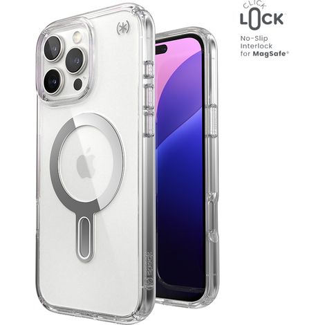 Speck Presidio Perfect-Clear ClickLock & MagSafe - Custodia per iPhone 16 Pro Max (Trasparente / Finitura cromata / Argento sereno) (1/5)