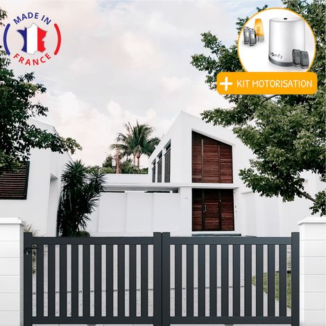 Portail aluminium coulissant ajouré en kit+ Motorisation dimensions L.3500 (entre piliers) X H.1200 mm Couleurs Gris (RAL 7016)