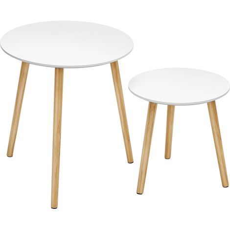 Tables d’Appoint, Lot de 2, en Bois Massif, Style Scandinave, pour Salon ou Balcon, Blanc‑Grège (1/5)