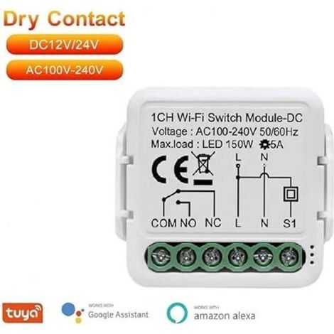 Tuya app contact sec module de commutation de relais wifi, 1 canal DC 12 / 24V AC 100-240V, fonctionne avec Alexa Google Home (1/3)