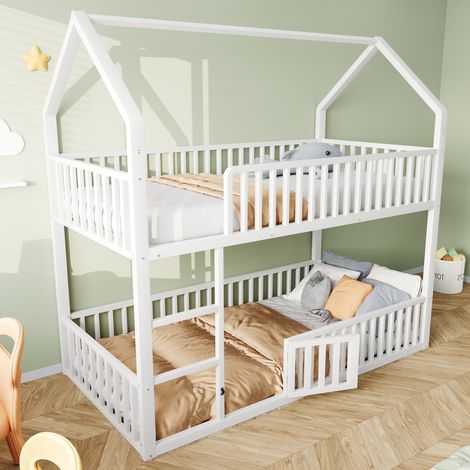 Lit superposé enfant 90x200cm - Avec escalier - Avec petite porte - Métal - Blanc (matelas non inclus) (1/5)