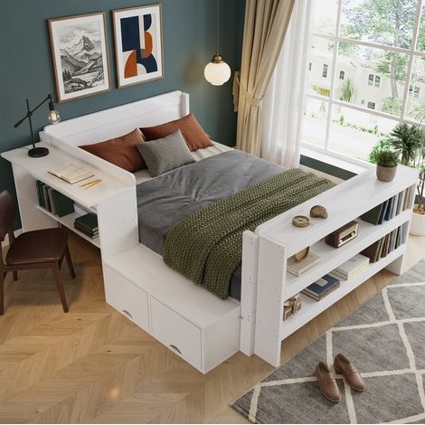 Lit adulte 120x200 cm avec bureau et rangements, module réversible, gain de place, bois blanc (1/5)