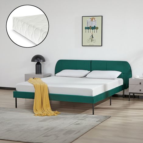 Cama tapizada Porvoo con cabecero somier terciopelo con colchón 160x200cm - Verde oscuro [en.casa]