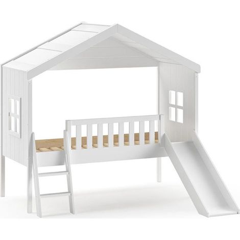 Paris Prix – Lit cabane enfant avec toboggan 90x200cm – Pin massif et MDF – Échelle incluse – Barrière de sécurité – Design scandinave blanc (1/4)