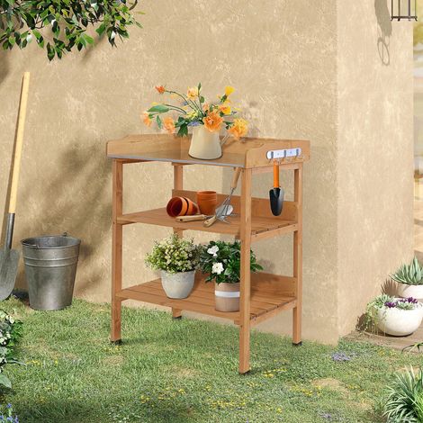 Table de jardin en bois de sapin huilé, plan de travail en acier galvanisé à rebord, 2 tablettes et 3 crochets à outils - table de repiquage et plantation