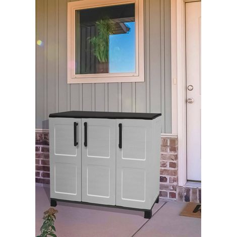 Dmora Armario para exteriores o exteriores multiusos, 3 puertas y 1 estante de polipropileno, 100% Made in Italy, 102x37h90 cm, color gris claro, con embalaje reforzado (1/5)